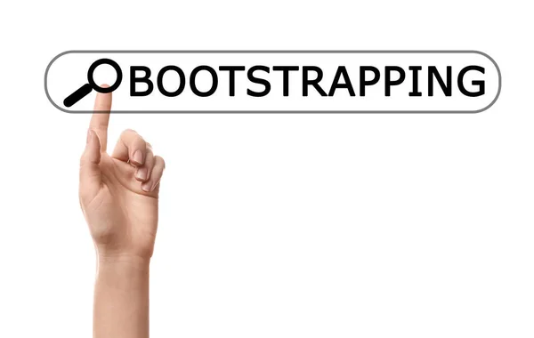 Vrouw Aanraken Van Virtueel Scherm Met Woord Bootstrapping Zoekbalk Witte — Stockfoto