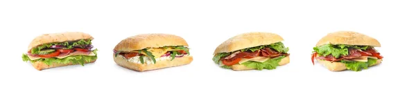 Set Different Yummy Sandwiches White Background Banner Design — Stock Photo, Image