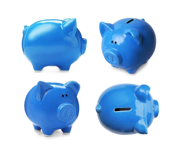 Conjunto Com Banco Porquinho Azul Fundo Branco — Fotografia de Stock