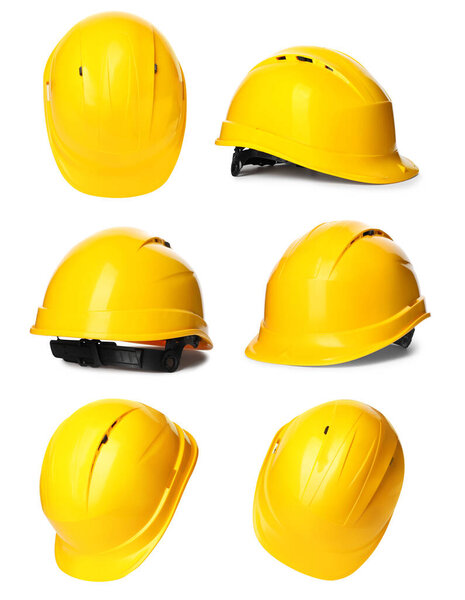 Set with safety hardhat on white background. Construction tool