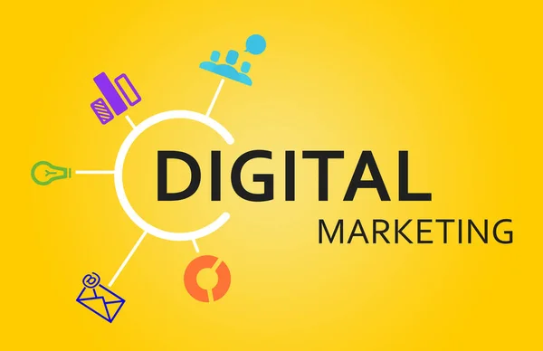 Digitale Marketing Richtingen Pictogrammen Gele Achtergrond — Stockfoto