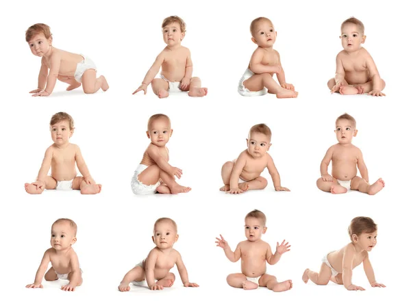 Collage Von Niedlichen Kleinen Babys Auf Weißem Hintergrund Stockbild