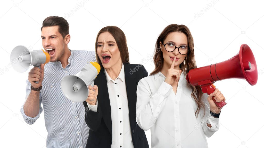 People with megaphones on white background. Banner design