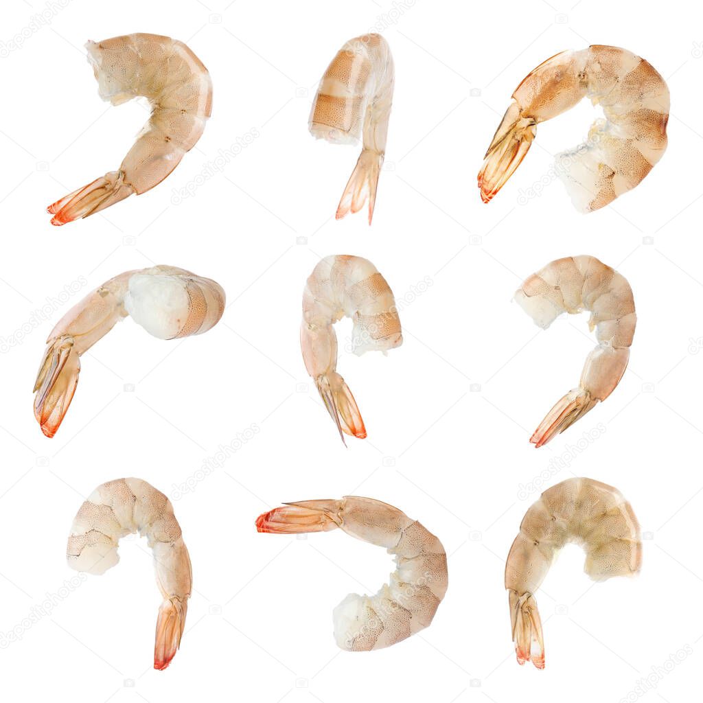 Collage of raw shrimps on white background