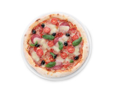 Diablo beyaz üzerine izole edilmiş sıcak lezzetli pizza.
