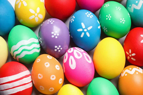 Huevos Pascua Coloridos Con Diferentes Patrones Como Fondo Vista Superior — Foto de Stock