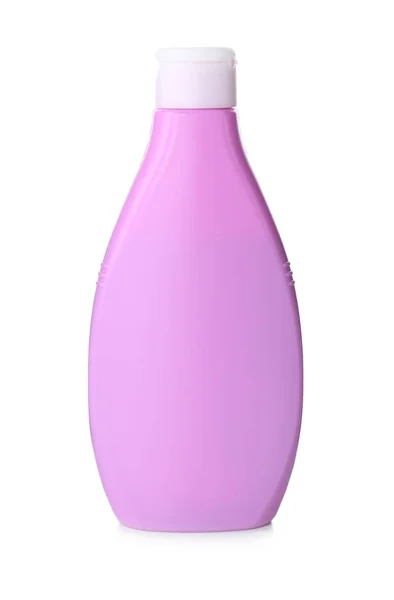 Frasco Plástico Violeta Com Produto Cosmético Isolado Branco — Fotografia de Stock