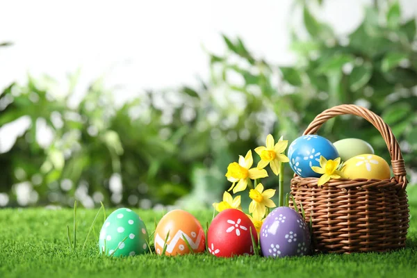 Coloridos Huevos Pascua Flores Narcisas Hierba Verde Espacio Para Texto —  Fotos de Stock
