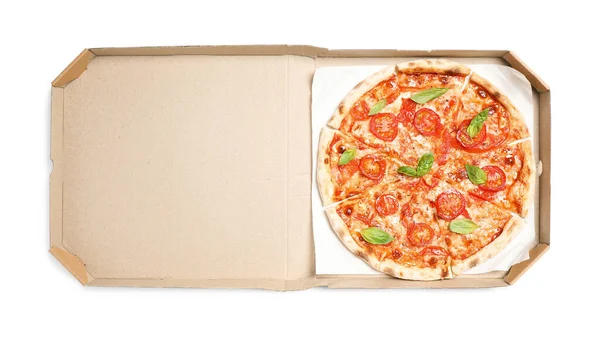 Вкусная Горячая Пицца Маргарита Коробке Изолированы Белом Вид Сверху — стоковое фото