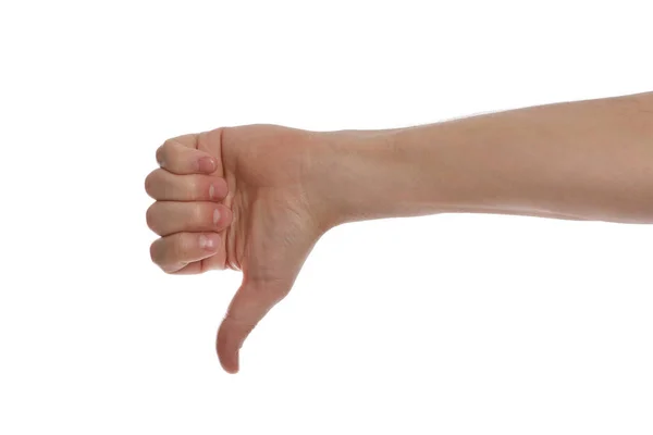 Man Visar Tummen Ner Gest Mot Vit Bakgrund Närbild Handen — Stockfoto