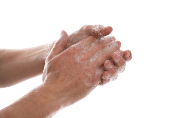 白い背景に石鹸で手を洗う男 クローズアップ — ストック写真