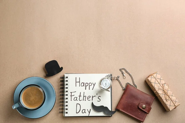 Notebook Phrase Happy Father Day Coffee Male Accessories Beige Background — Stock Photo, Image