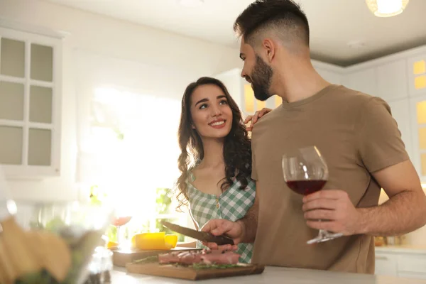 Lovely Young Couple Cooking Meat Together Kitchen — Stock Photo, Image