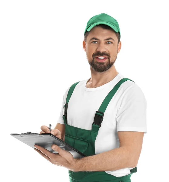 Portrait Professional Auto Mechanic Clipboard White Background — Stock Photo, Image