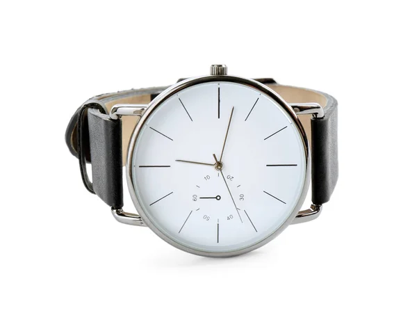 Elegante Reloj Pulsera Con Banda Cuero Aislado Blanco — Foto de Stock