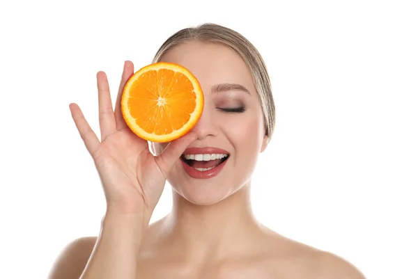 Young Woman Cut Orange White Background Vitamin Rich Food — Stock Photo, Image