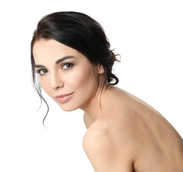 Retrato Mujer Joven Con Hermoso Cabello Sobre Fondo Blanco — Foto de Stock