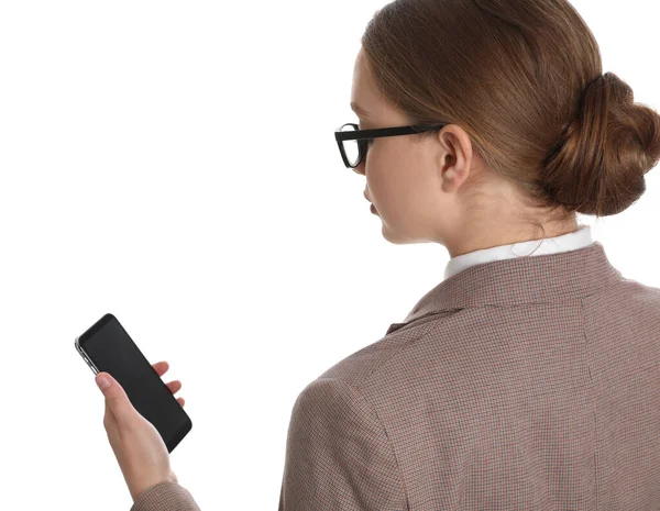 Joven Empresaria Con Teléfono Móvil Sobre Fondo Blanco — Foto de Stock