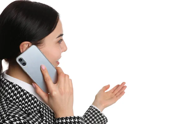 Pengusaha Wanita Muda Yang Berbicara Telepon Genggam Dengan Latar Belakang — Stok Foto