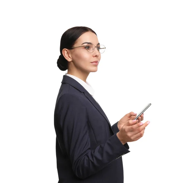 Joven Empresaria Con Teléfono Móvil Sobre Fondo Blanco — Foto de Stock