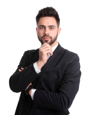 Beyaz arka planda genç iş adamının portresi