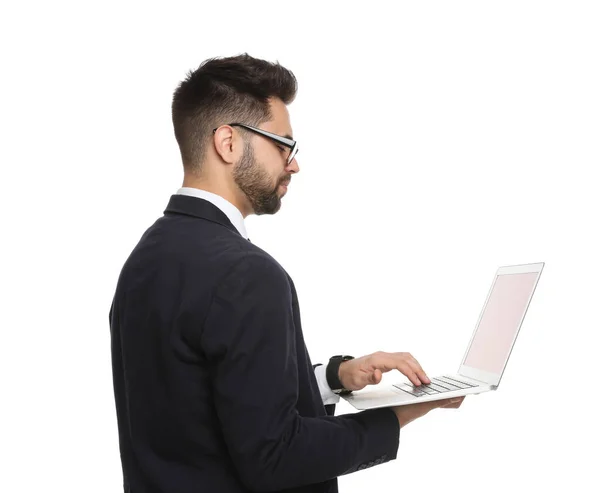 Joven Hombre Negocios Con Portátil Sobre Fondo Blanco — Foto de Stock