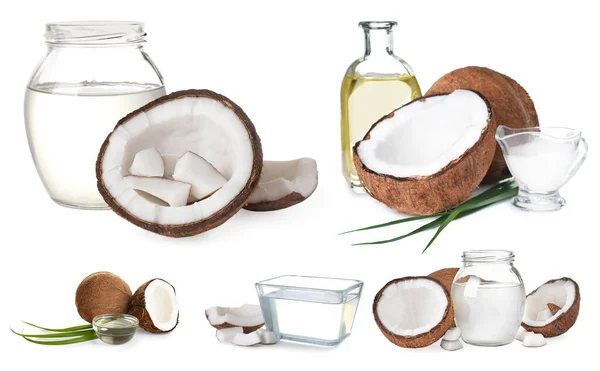 Set Cocos Aceite Cocina Ecológico Sobre Fondo Blanco — Foto de Stock