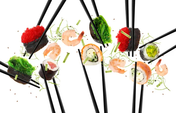 Koláž Různých Sushi Rohlíky Krevety Bílém Pozadí — Stock fotografie