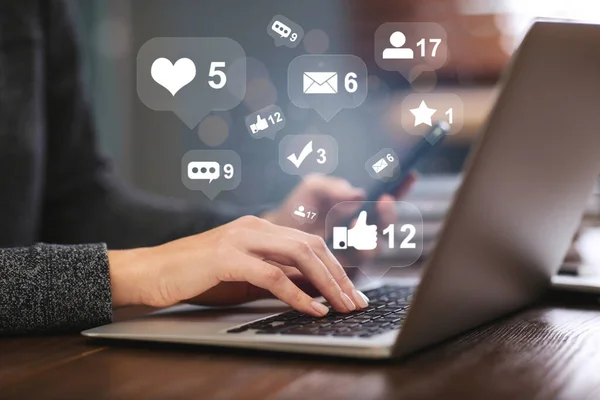 Woman Mobile Phone Working Modern Laptop Table Closeup Social Media — Stock Photo, Image