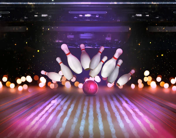 Bowlingová Koule Skákací Kolíky Efekt Bokeh Úspěšný Zásah Stávka — Stock fotografie