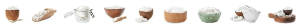 Zestaw Świeżymi Płatkami Kokosowymi Izolowanymi Białym Projekt Banera — Zdjęcie stockowe