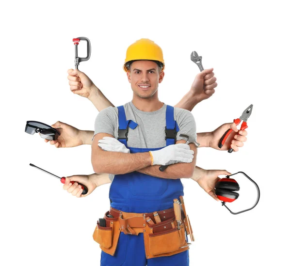 Concetto Multitasking Handyman Con Diversi Strumenti Sfondo Bianco — Foto Stock