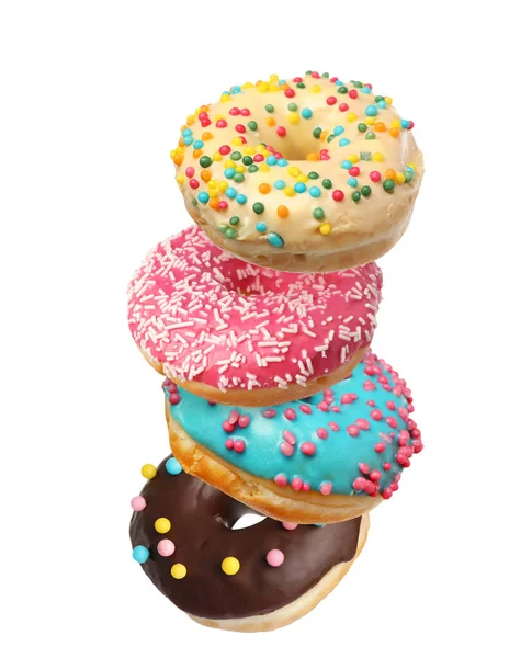 Set Von Fallenden Köstlichen Donuts Auf Weißem Hintergrund — Stockfoto