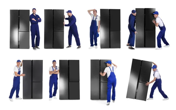 Collage Trabajadores Que Llevan Refrigeradores Sobre Fondo Blanco Diseño Banner —  Fotos de Stock