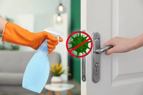 Sanitizing Surfaces Coronavirus Outbreak Woman Opening Door Closeup — Stock Photo, Image