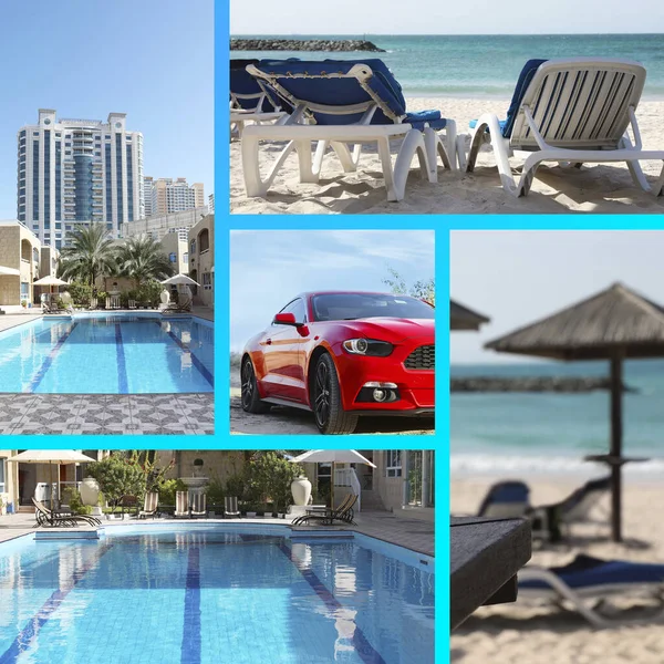 Collage Hermosas Imágenes Con Hoteles Lujo Resorts Tropicales Coche Moderno —  Fotos de Stock
