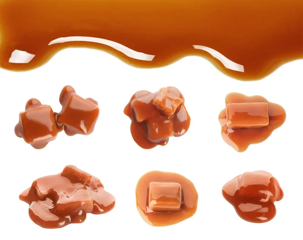 Állítsa Karamell Cukorka Ízletes Mártással Fehér Alapon — Stock Fotó
