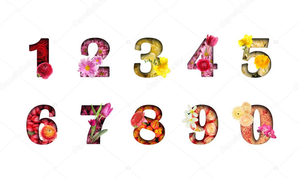 Numbers made of flowers on white background