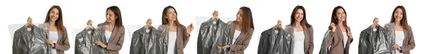 Collage Woman Holding Hanger Clothes White Background Dry Cleaning Service — Stock Photo, Image