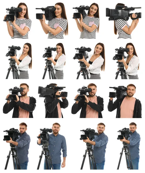 Collage Von Bedienern Mit Professionellen Videokameras Auf Weißem Hintergrund — Stockfoto