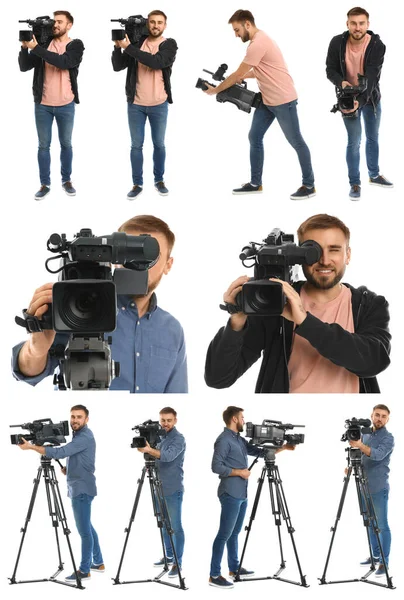 Collage Des Bedieners Mit Professioneller Videokamera Auf Weißem Hintergrund — Stockfoto