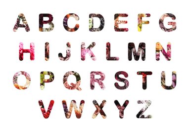 Beyaz arkaplandaki çiçeklerden oluşan alfabe harfleri