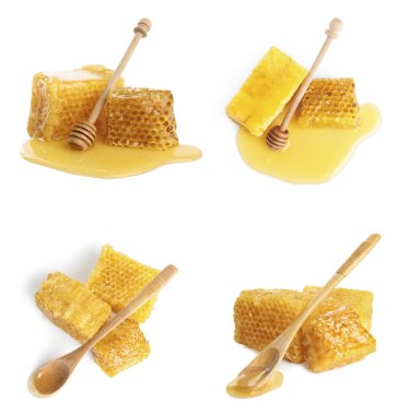 Beyaz arkaplanda taze bal peteği parçaları 