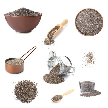 Beyaz arkaplanda chia tohumları kümesi 