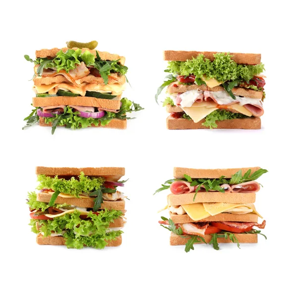 Set Different Yummy Sandwiches White Background — Stock Photo, Image