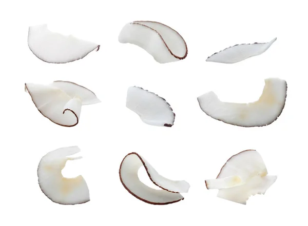 Комплект Свежими Кокосовыми Хлопьями Изолированными Белом — стоковое фото