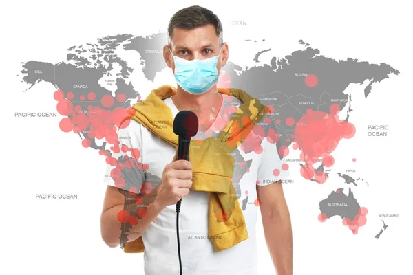 Giornalista Con Maschera Medica Che Presenta Notizie Durante Epidemia Coronavirus — Foto Stock