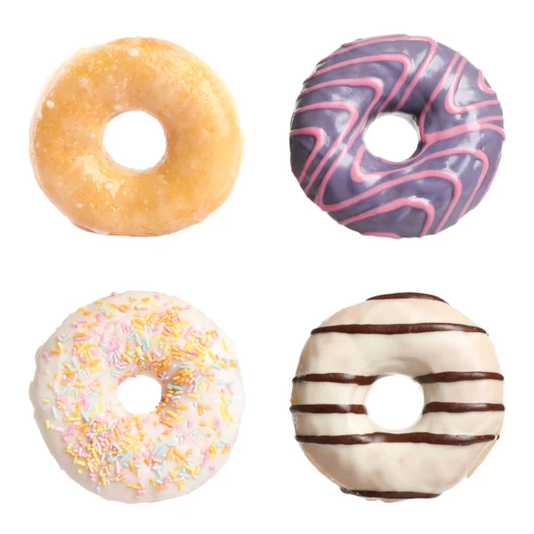 Conjunto Com Deliciosos Donuts Envidraçados Fundo Branco — Fotografia de Stock