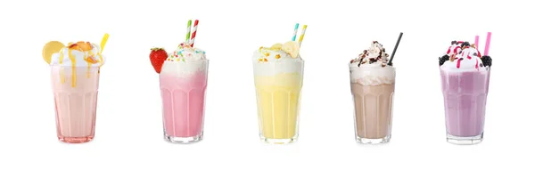 Set Glasses Different Protein Shakes White Background Banner Design — Stock Photo, Image