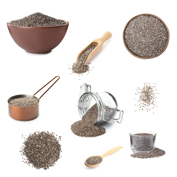 Beyaz arkaplanda chia tohumları kümesi 